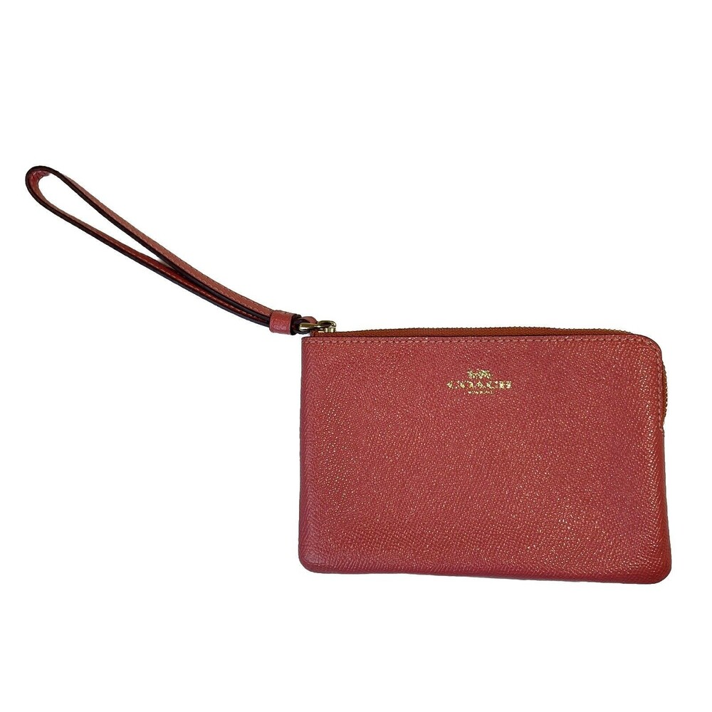 COACH Wallet Pink w/ Gold Corner Zip Wristlet Cross Grain Leather F15154